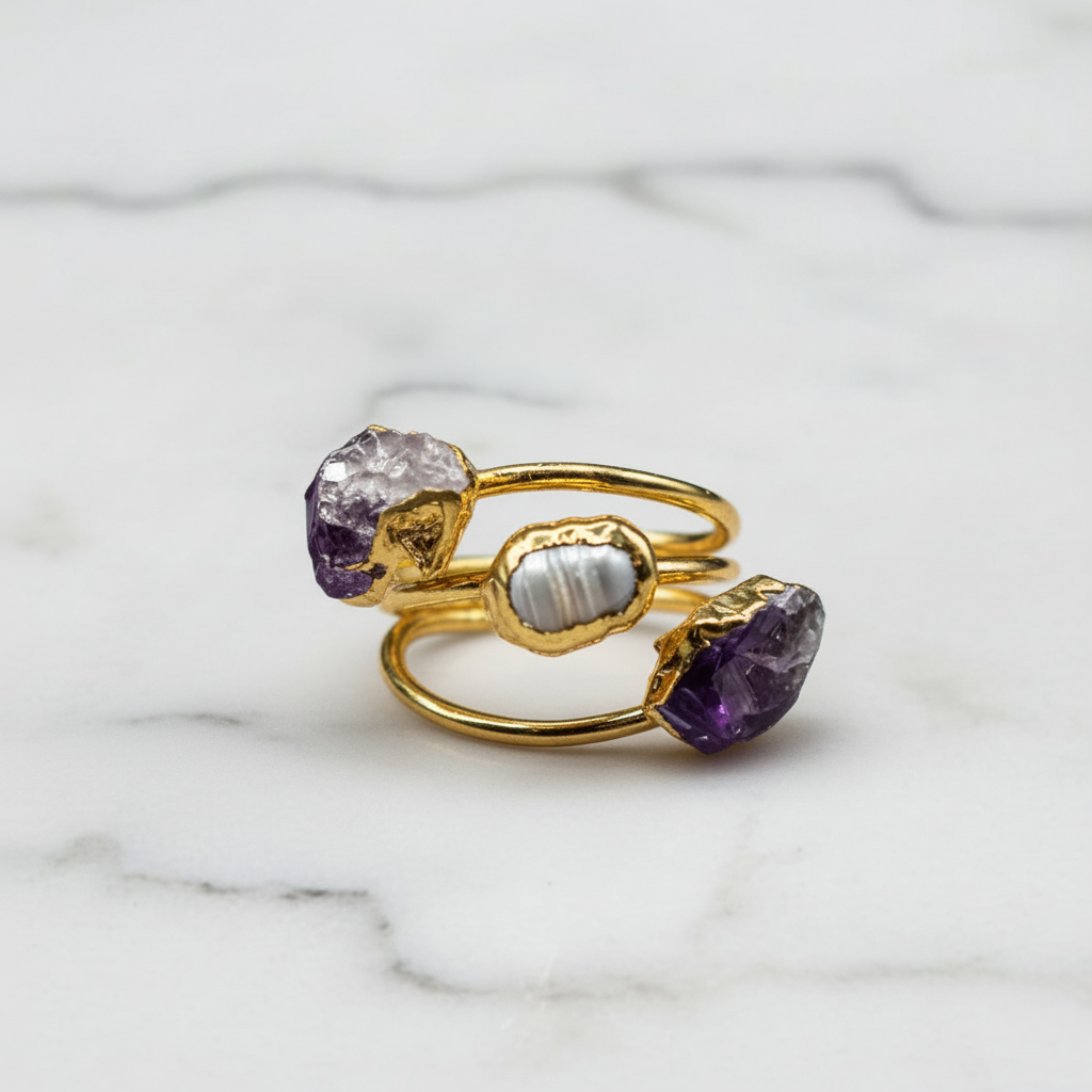 Natural Amethyst and Pearl Gemstone Ring