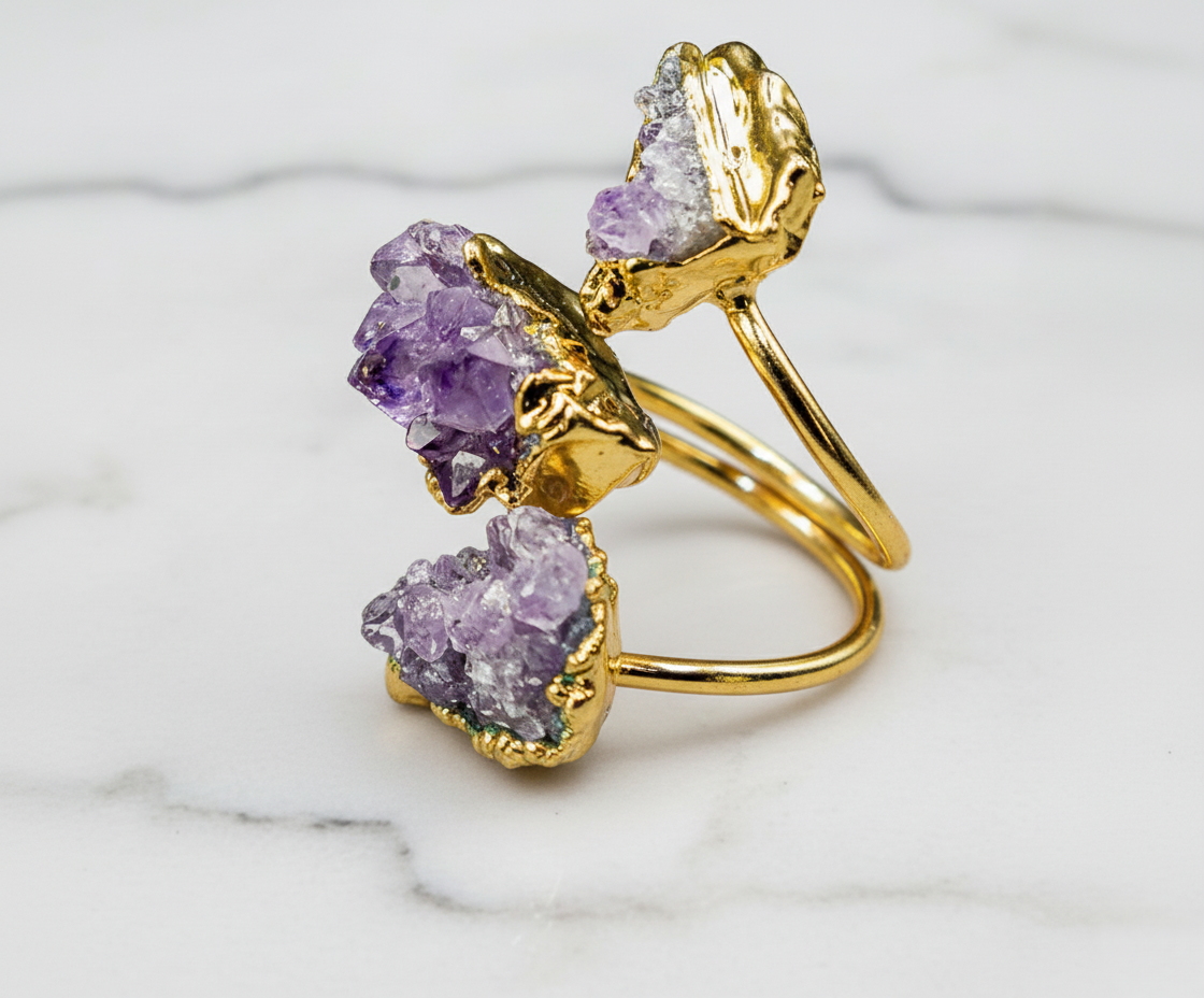 Three Raw Amethyst Ring