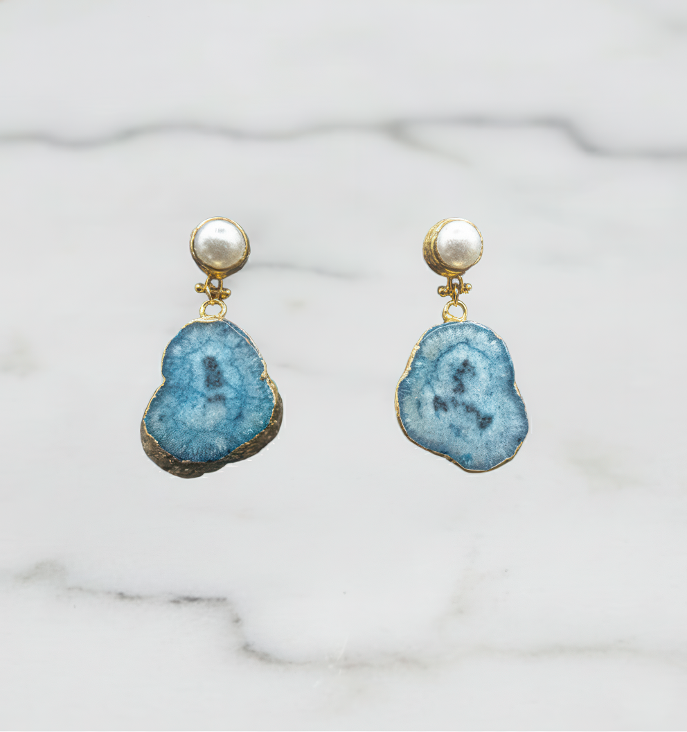 Blue Agate Slice Geode Earrings With Real Pearl