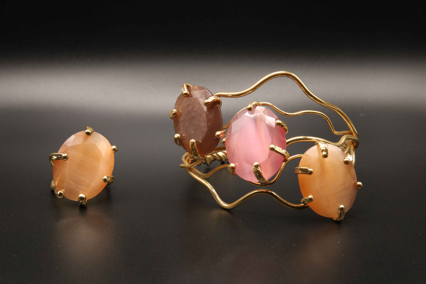 Golden Peach and Pink Cat's Eye Bracelet & Amber Glow Ring
