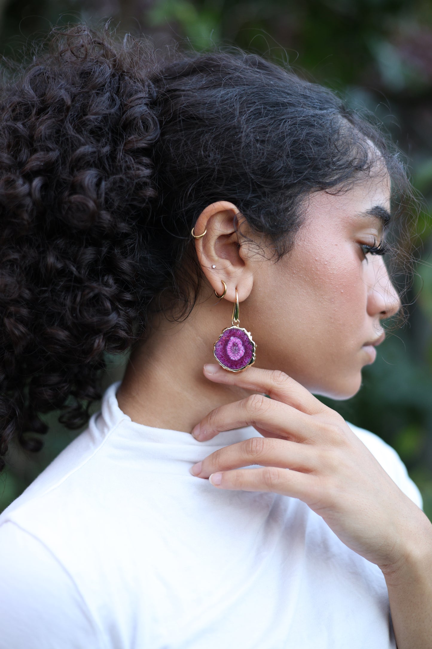 Fuchsia Agate Gold Earrings