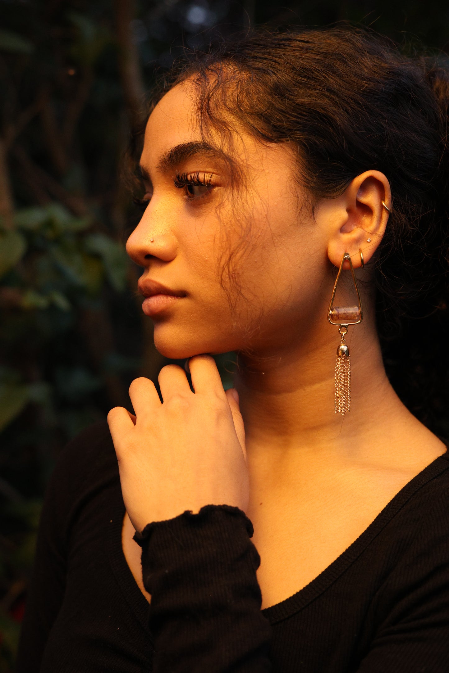 Amethyst Quartz and Gold Chain Tassel Earrings
