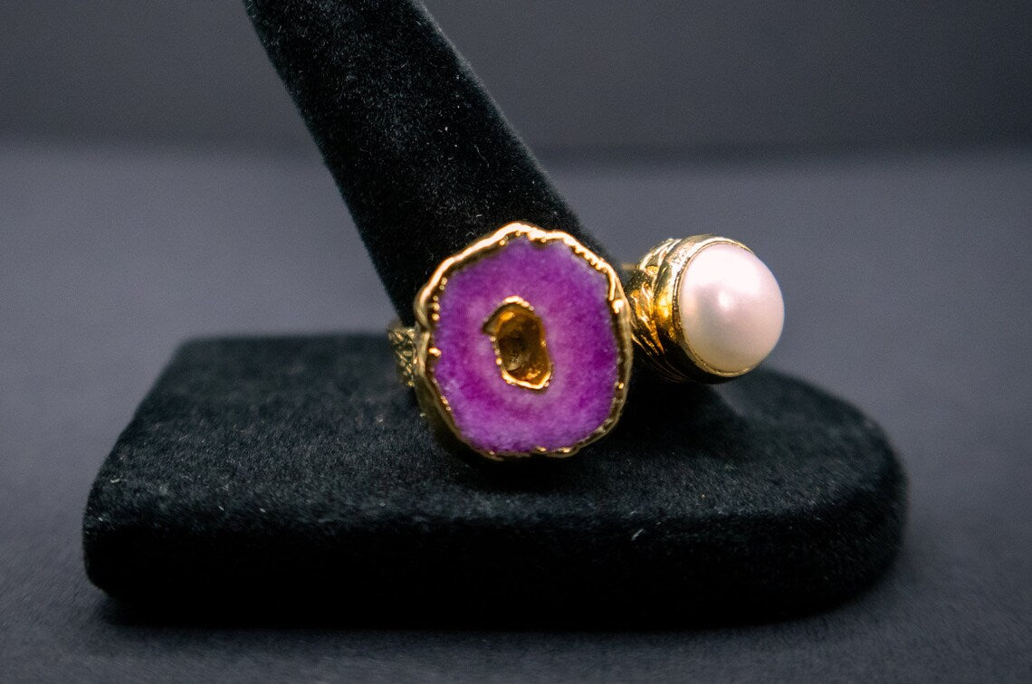 Pink Agate Ring With Real Pearl