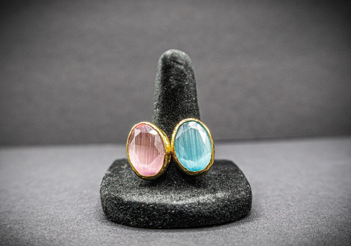 Dual-Tone Natural Cat's Eye Quartz Gemstone Ring