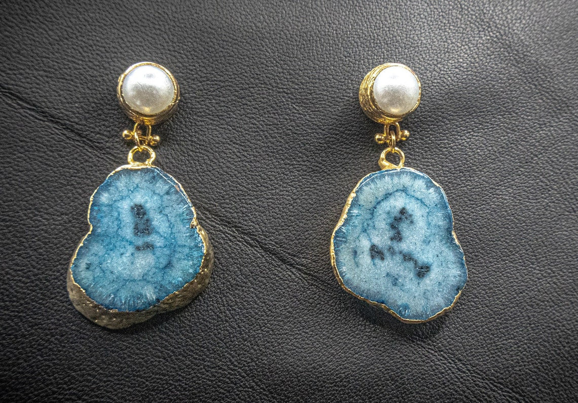 Blue Agate Slice Geode Earrings With Real Pearl