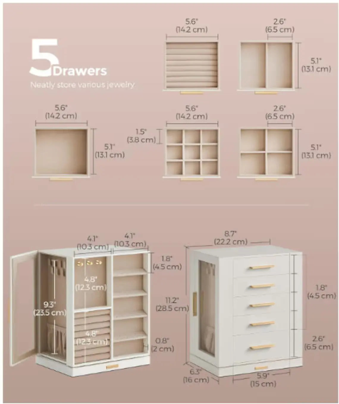 Handmade Wooden Rotating Jewelry Box With 5 Drawers