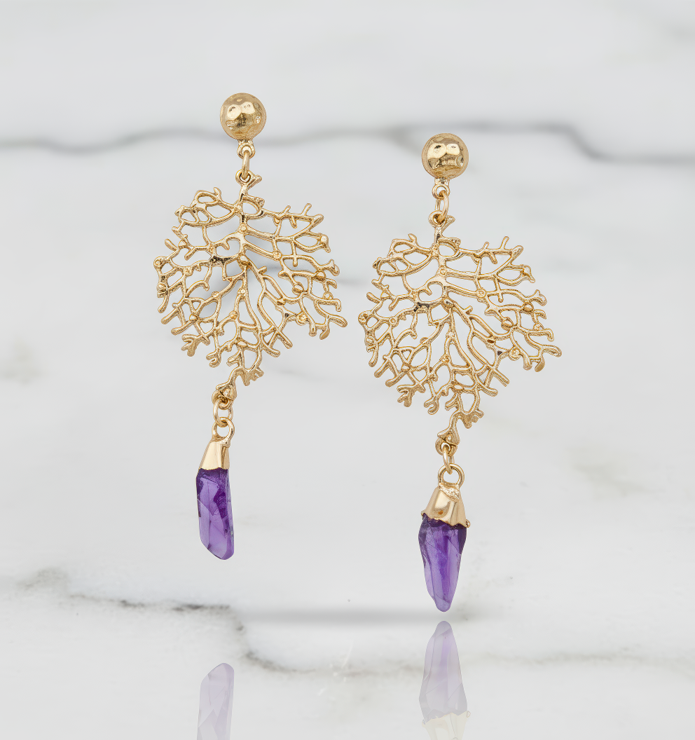 Natural Amethyst Gemstone Coral Earrings
