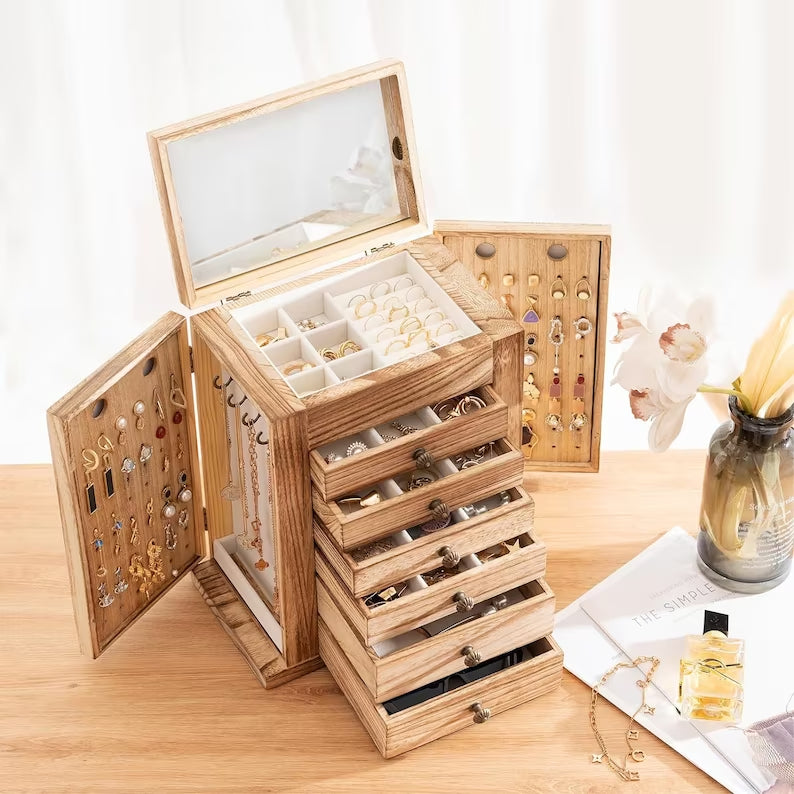 7-Layer Wooden Jewelry Box With Mirror