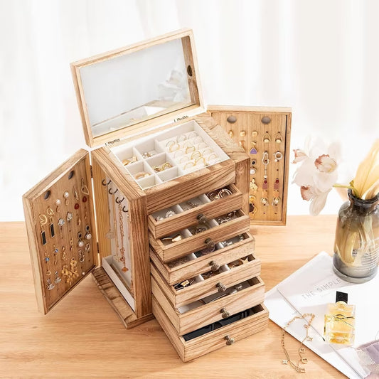 7-Layer Wooden Jewelry Box With Mirror