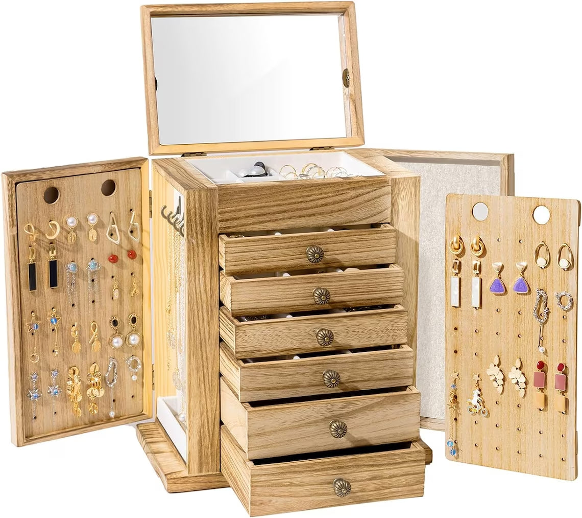 7-Layer Wooden Jewelry Box With Mirror