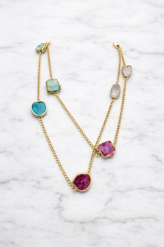 Pink and Blue Raw Agate Gold Link Necklace