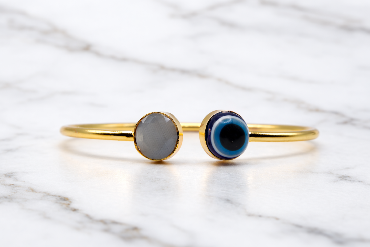 Evil Eye and Cat's Eye Gold Open Cuff Bracelet