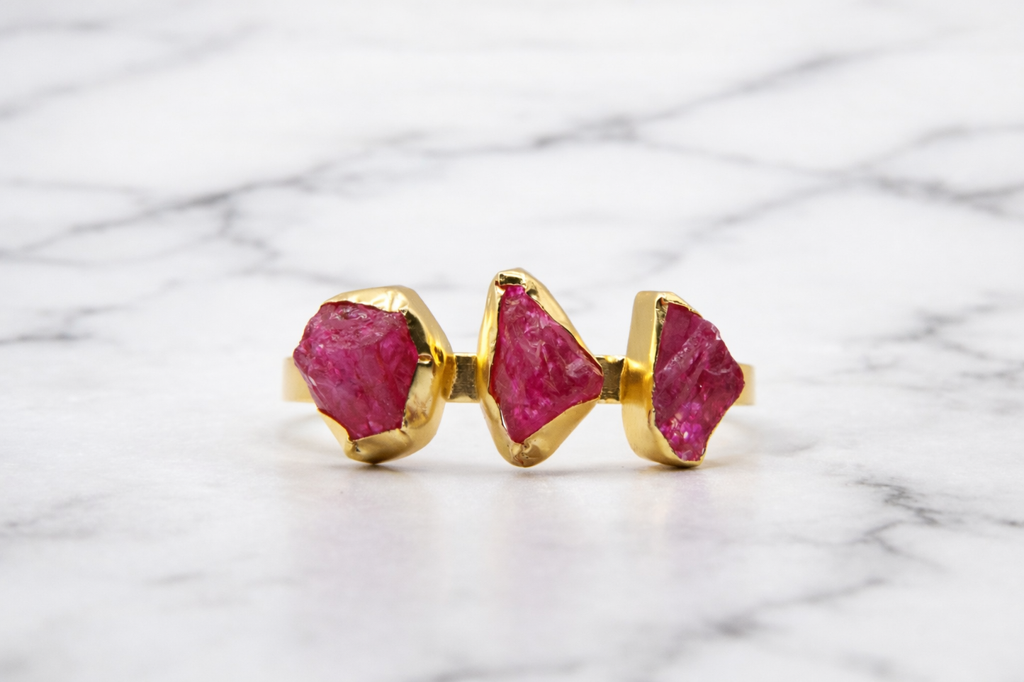 Raw Pink Agate Three Stone Gold Ring