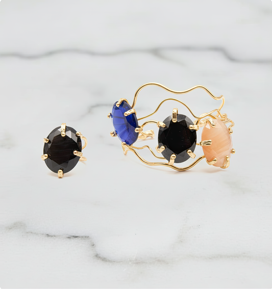 Elegant Multi-Color Cat’s Eye Bracelet & Smoky Black Ring
