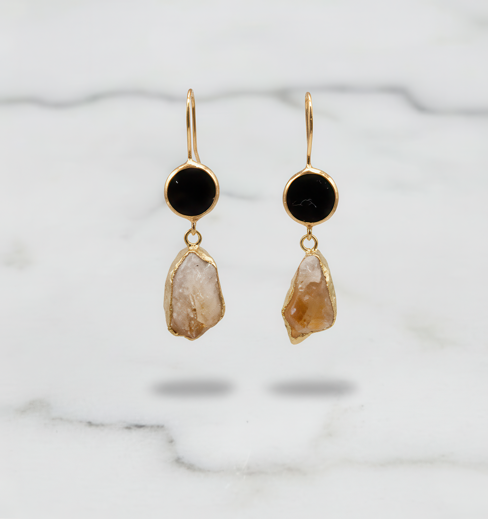 Gold Onyx and Citrine Dangle Earrings