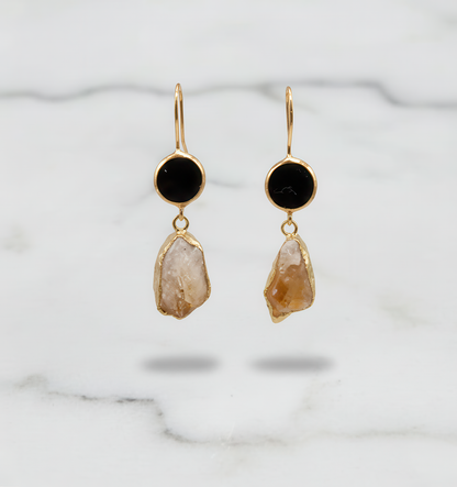 Gold Onyx and Citrine Dangle Earrings