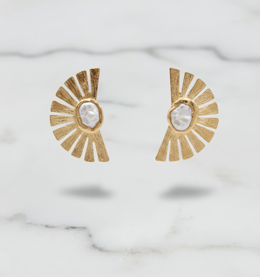 Gold Fan Shaped Pearl Earrings