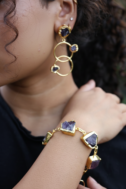 Raw Amethyst Gold Bezel Statement Bracelet