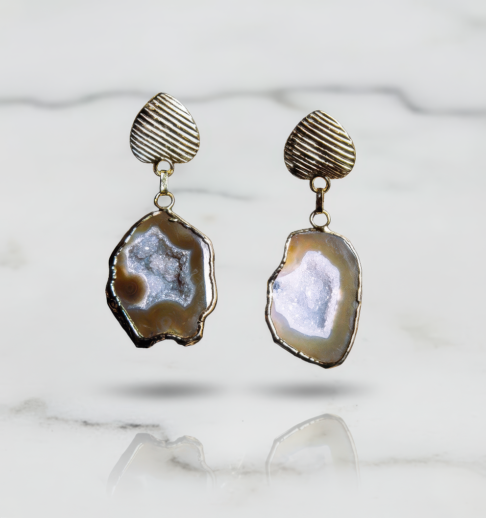 Natural Coffee Brown Agate Geode Slice Earrings