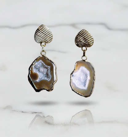 Natural Coffee Brown Agate Geode Slice Earrings