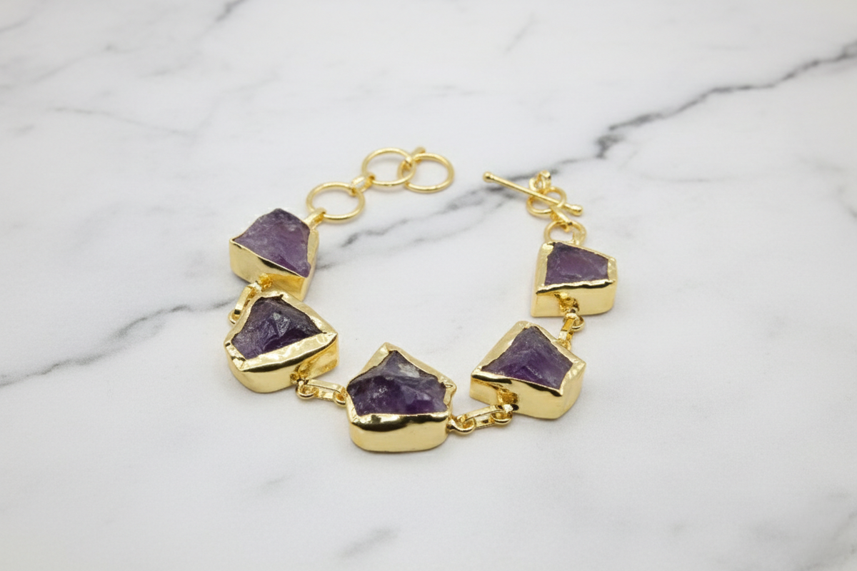Raw Amethyst Gold Bezel Statement Bracelet
