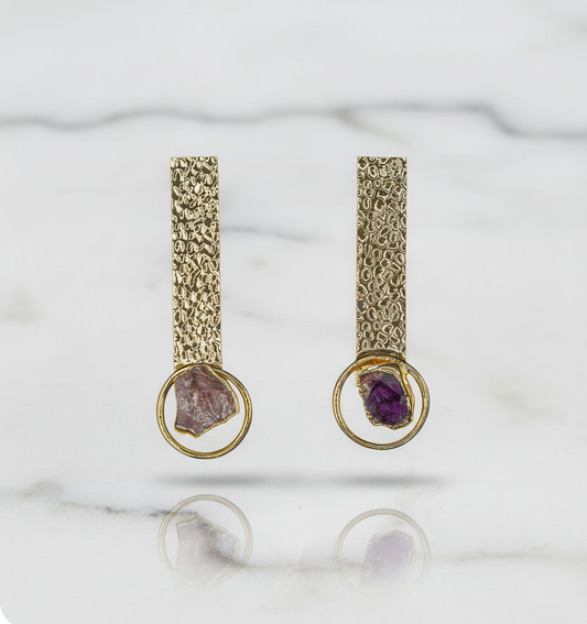 Natural Amethyst Gemstone Gold Earrings
