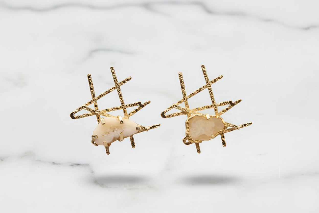Gold Geometric Solar Agate Earrings