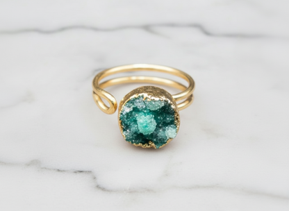 Blue Sugar Druzy Quartz Gold Ring