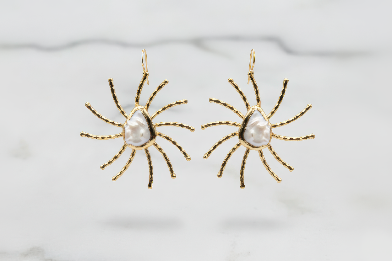 Gold Spider Shaped Baroque Pearl Earrings