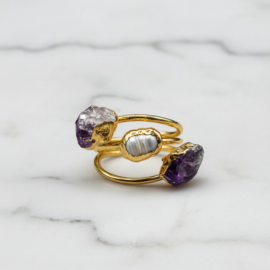 Natural Amethyst and Pearl Gemstone Ring