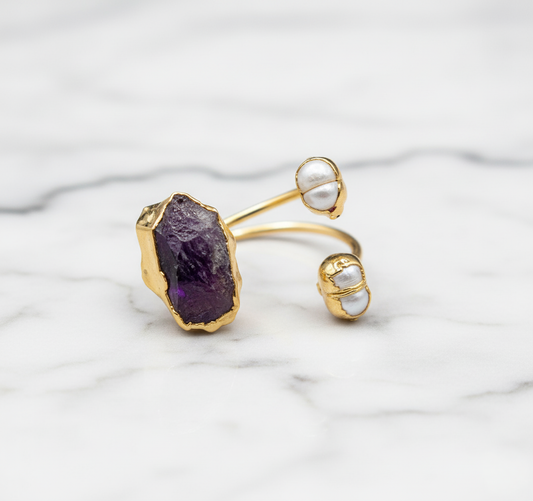 Natural Amethyst And Pearl Gemstone Ring