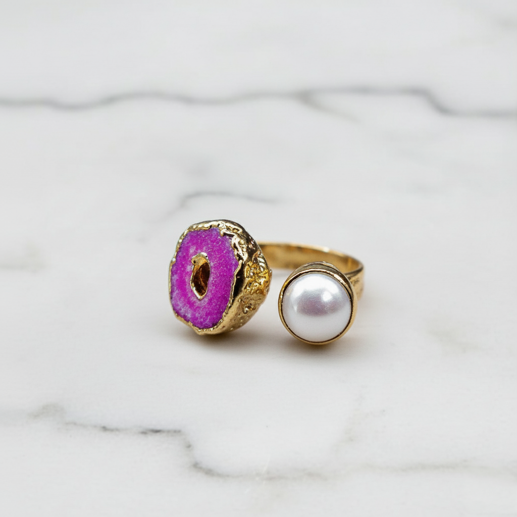 Pink Agate Ring With Real Pearl