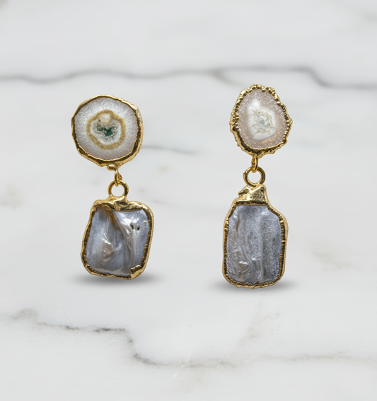 Agate Slice Geode With Baroque Pearl Earrings
