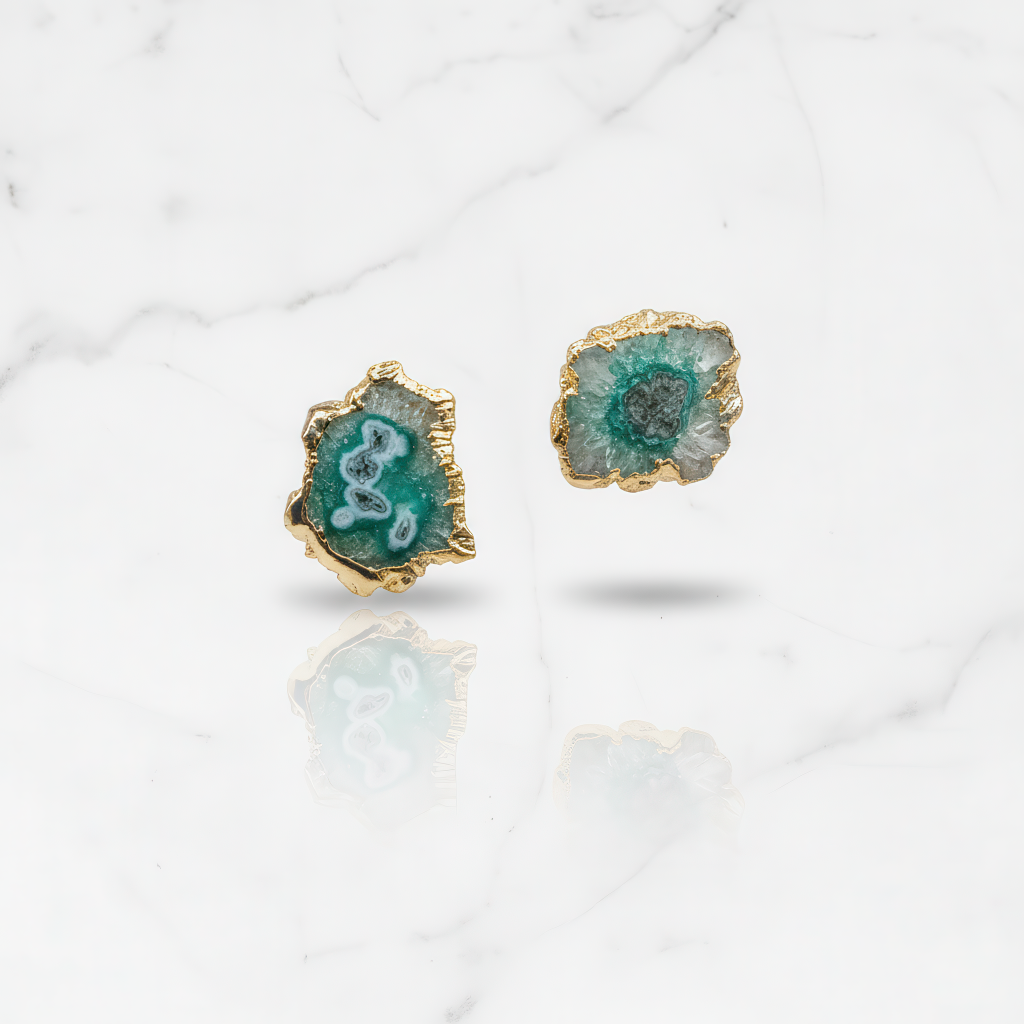 Teal Agate Slice Stud Earrings