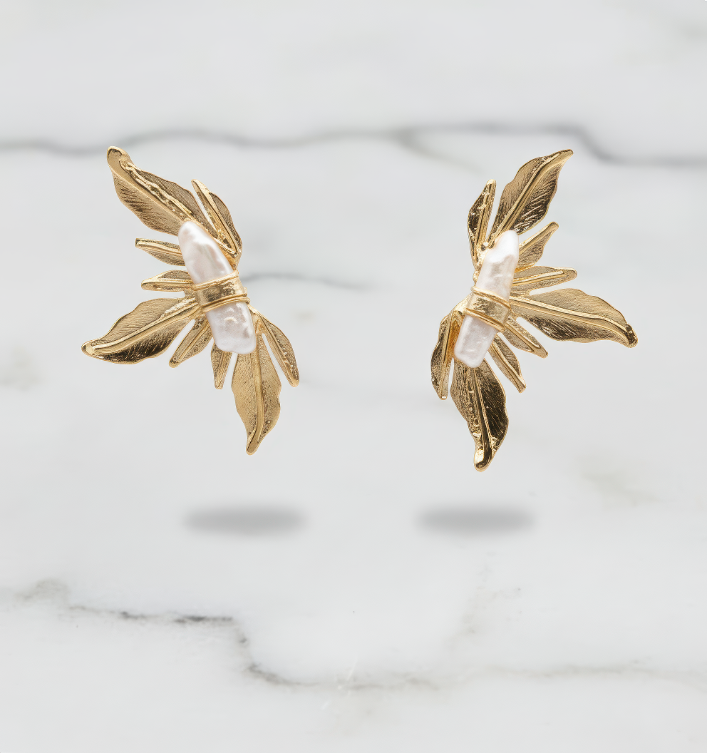Gold Butterfly Wing Pearl Earrings