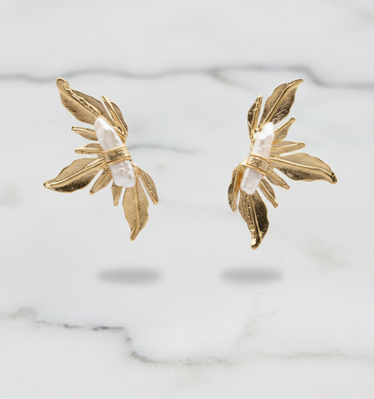 Gold Butterfly Wing Pearl Earrings