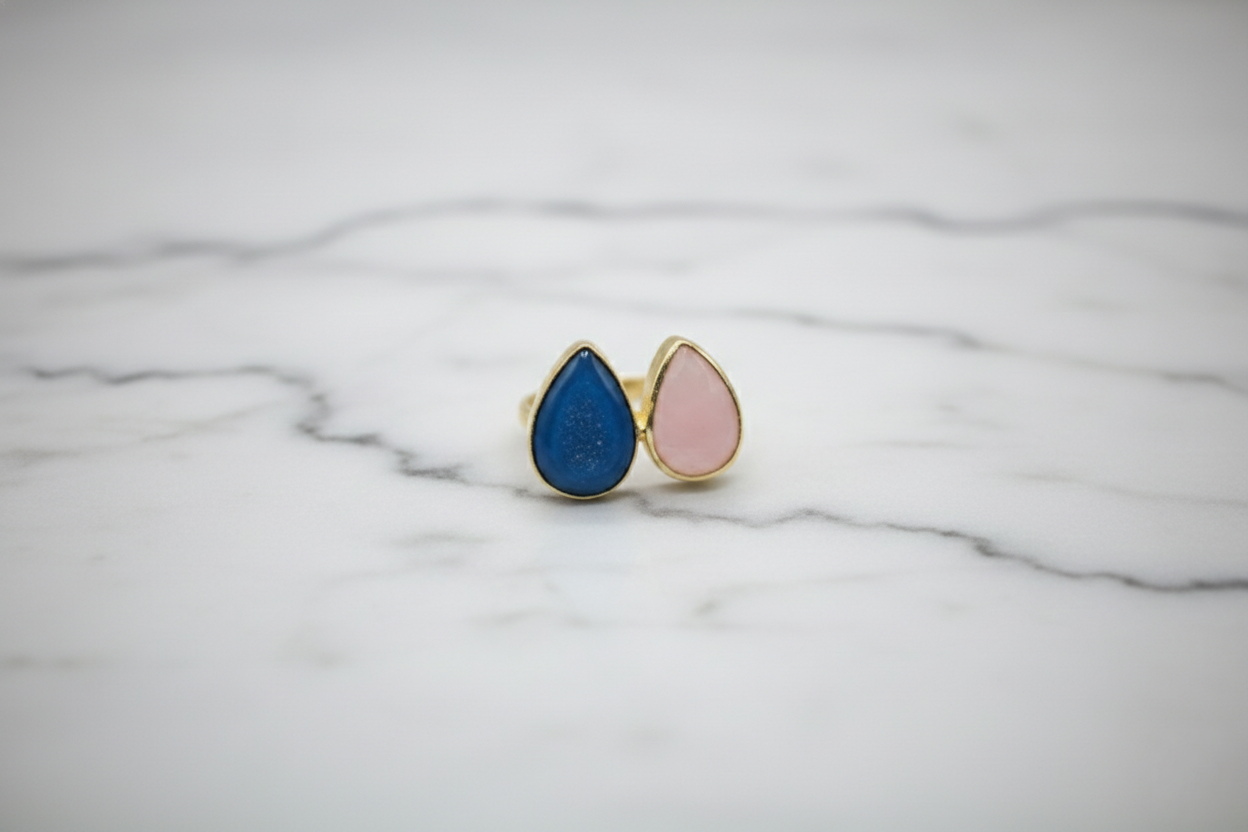 Blue and Pink Cat's Eye Teardrop Ring