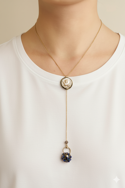 Gold-Plated Pearl and Lapis Lazuli Y Chain Necklace