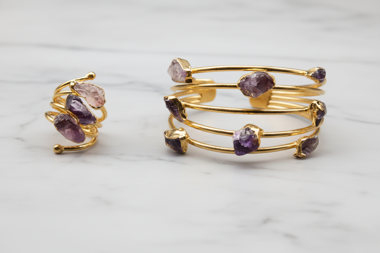 Handmade Raw Amethyst Bracelet and Amethyst Ring