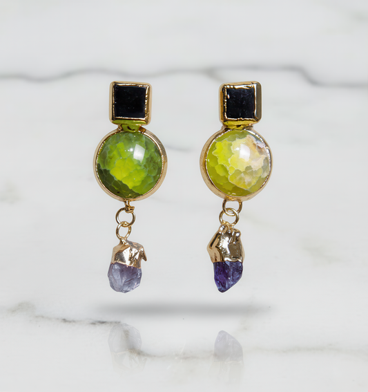 Natural Green Quartz Earring with amethyst underneath