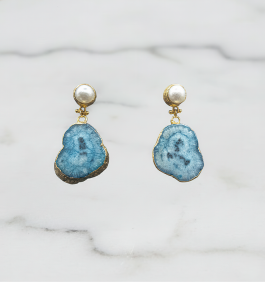 Blue Agate Slice Geode Earrings With Real Pearl