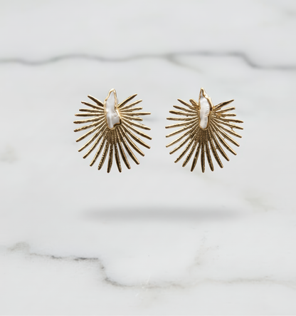 Gold Sunburst Pearl Earrings