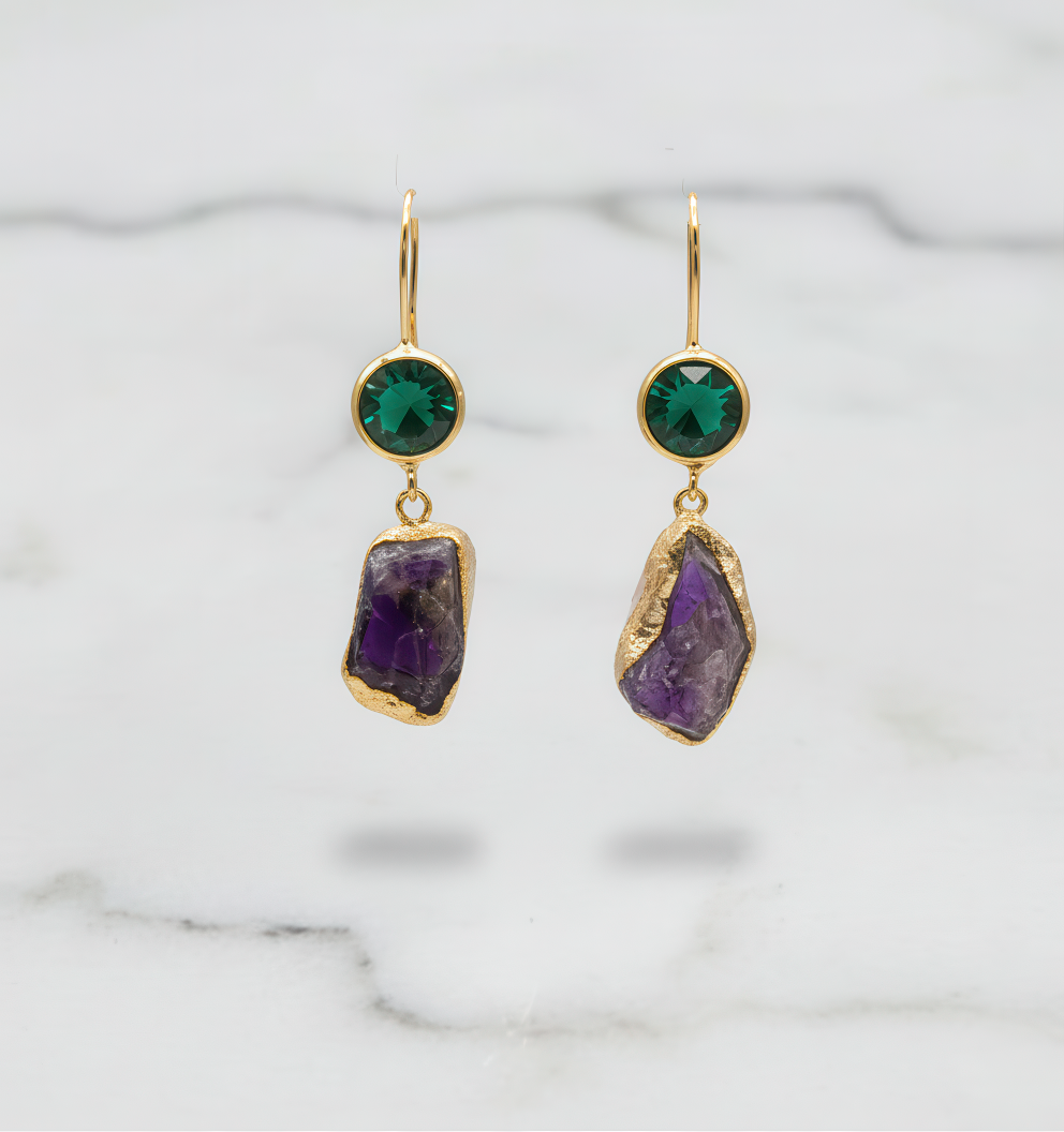 Green Stone and Raw Amethyst Drop Earrings