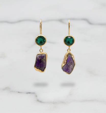 Green Stone and Raw Amethyst Drop Earrings