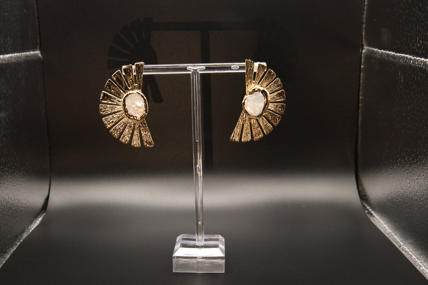 Gold Fan Shaped Pearl Earrings