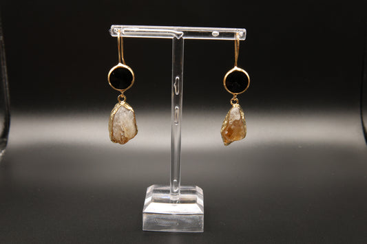 Gold Onyx and Citrine Dangle Earrings