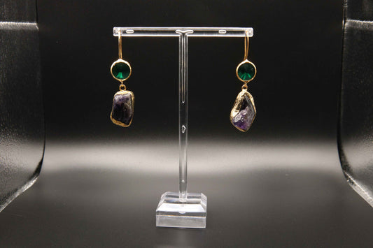 Green Stone and Raw Amethyst Drop Earrings