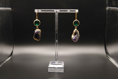 Green Stone and Raw Amethyst Drop Earrings