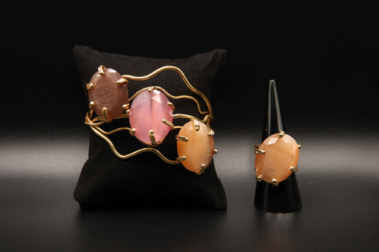 Golden Peach and Pink Cat's Eye Bracelet & Amber Glow Ring