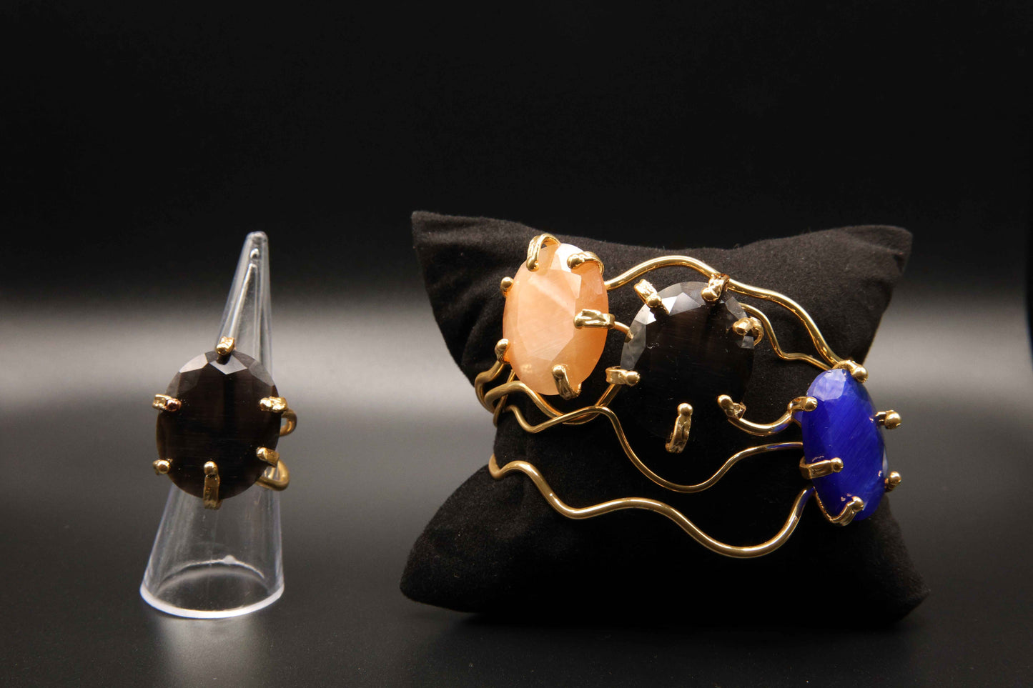 Elegant Multi-Color Cat’s Eye Bracelet & Smoky Black Ring